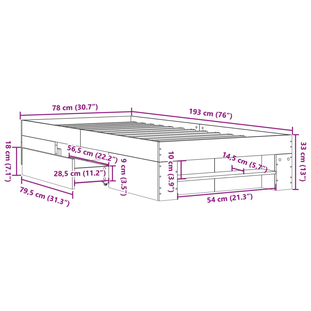 Bed Frame without Mattress Grey Sonoma 75x190cm Engineered Wood