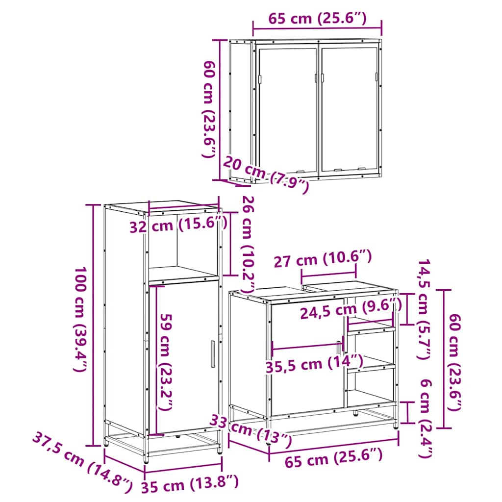 3 Piece Bathroom Furniture Set Smoked Oak Engineered Wood