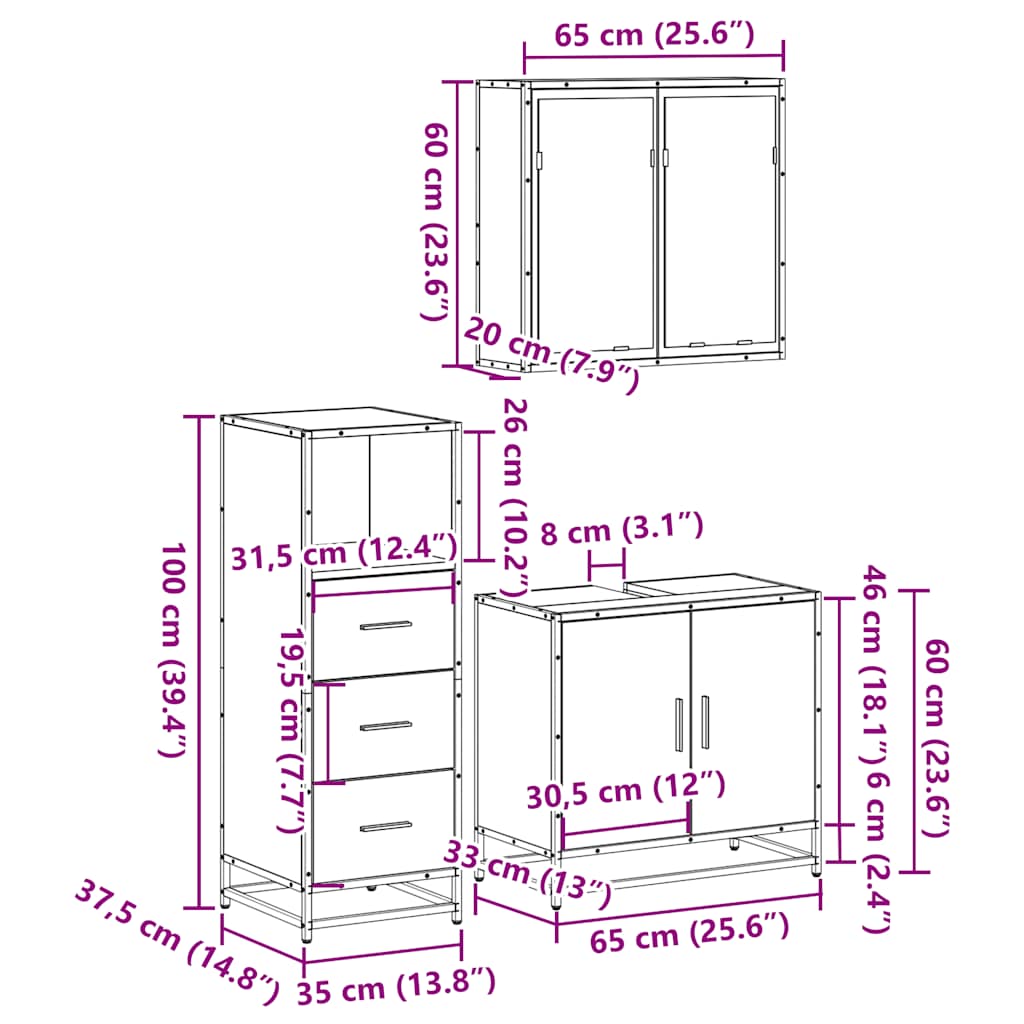 3 Piece Bathroom Furniture Set Grey Sonoma Engineered Wood