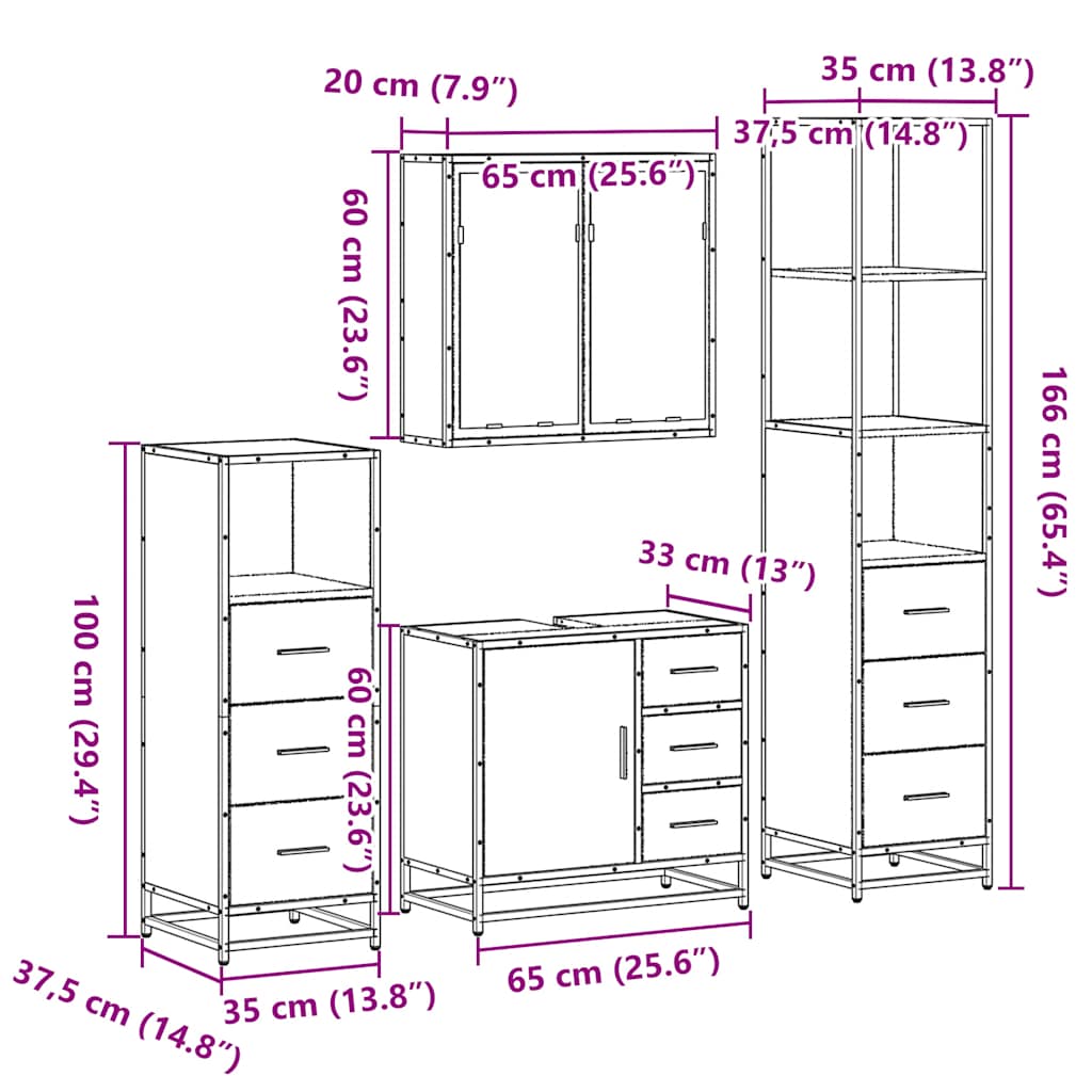 4 Piece Bathroom Furniture Set Smoked Oak Engineered Wood