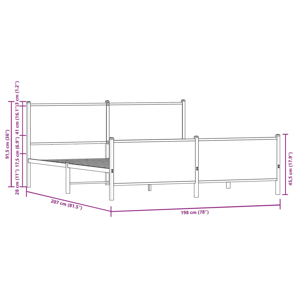 Metal Bed Frame without Mattress Brown Oak 193x203 cm