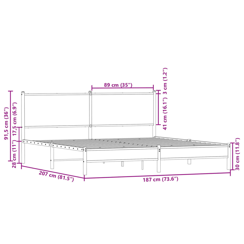 Metal Bed Frame without Mattress Sonoma Oak 180x200 cm
