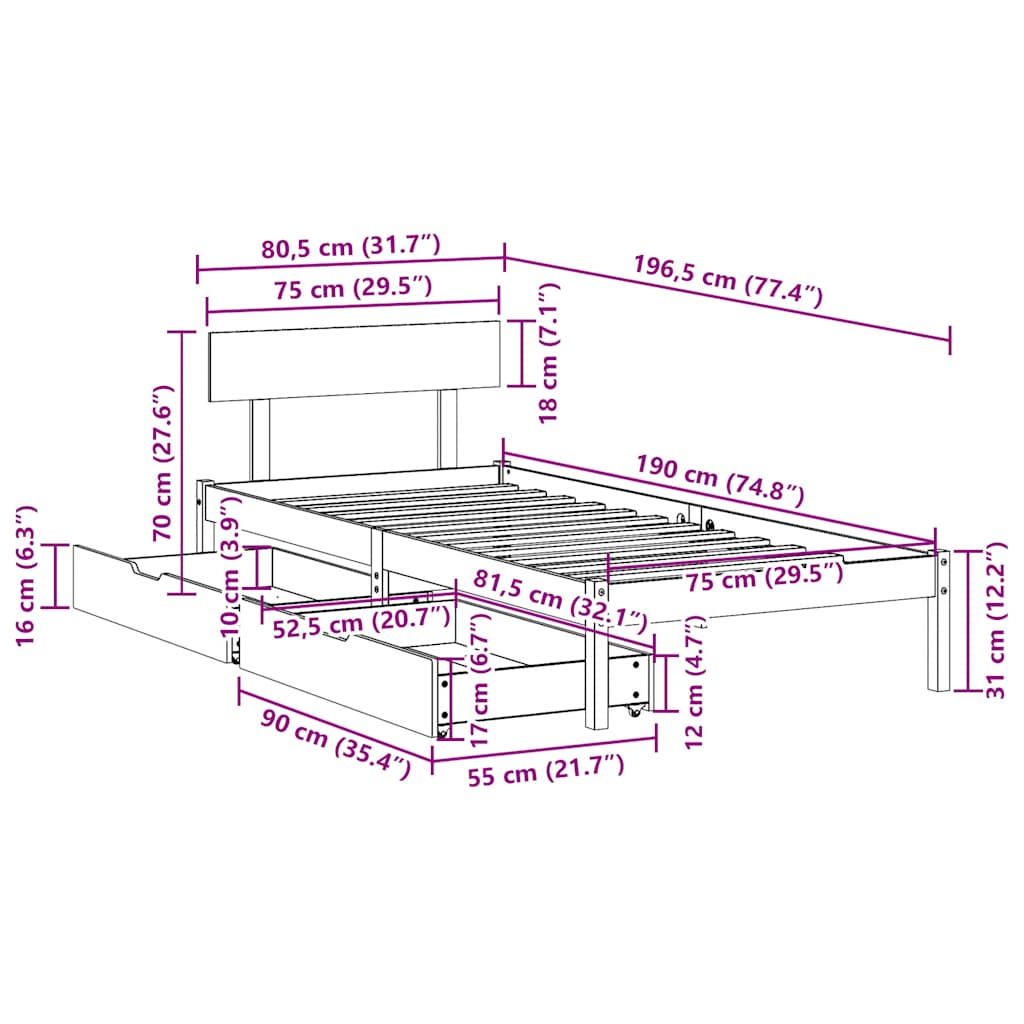 Bed Frame without Mattress White 75x190 cm Solid Wood Pine