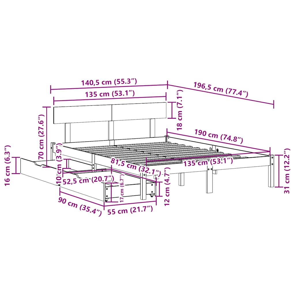 Bed Frame without Mattress White 135x190 cm Double Solid Wood Pine