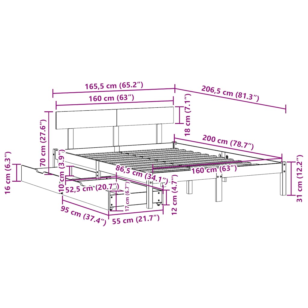Bed Frame without Mattress White 160x200 cm Solid Wood Pine