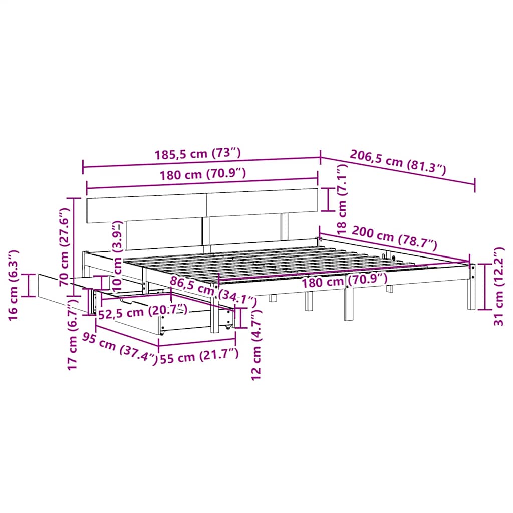 Bed Frame without Mattress White 180x200 cm Solid Wood Pine