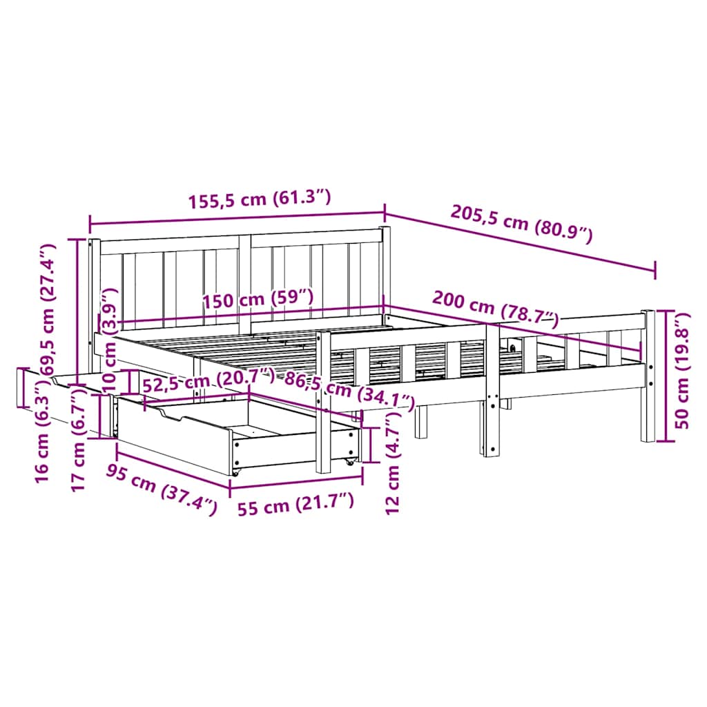 Bed Frame without Mattress White 150x200 cm Solid Wood Pine