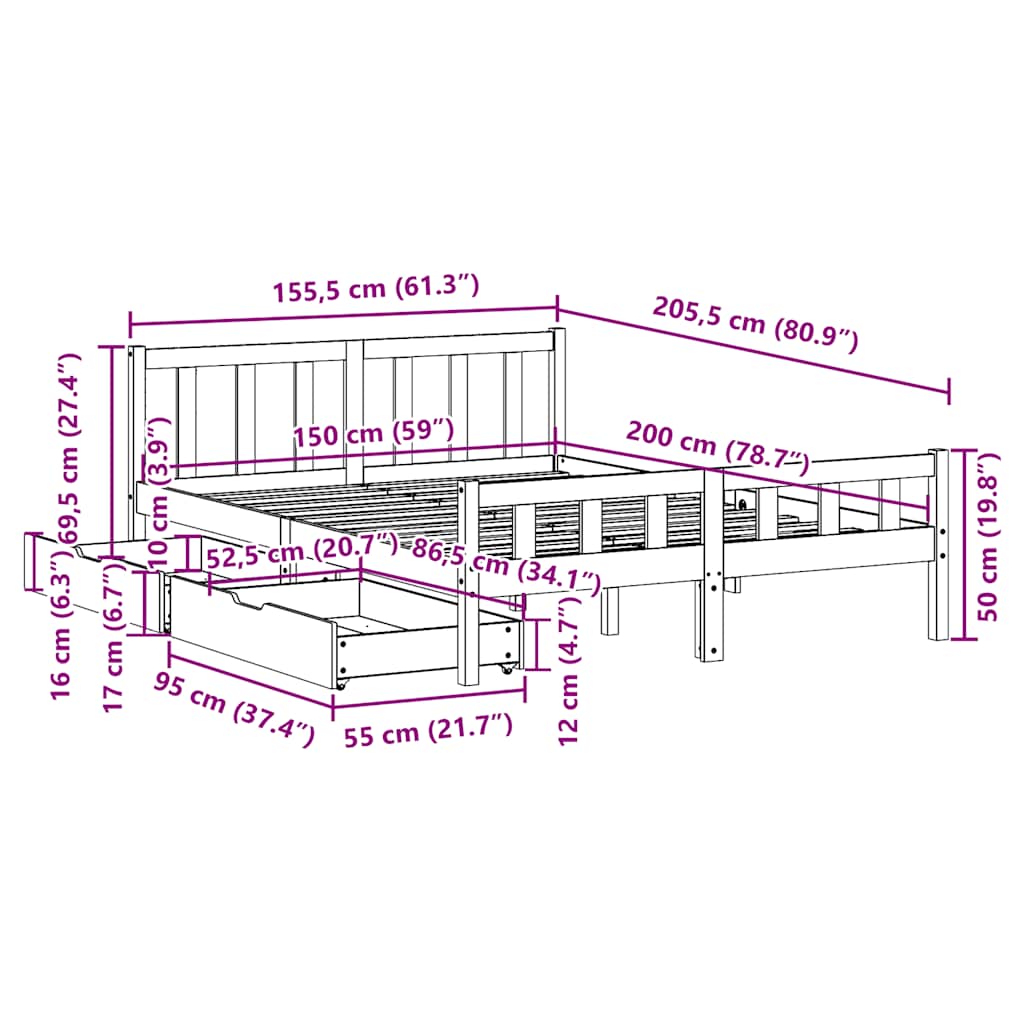 Bed Frame without Mattress Wax Brown 150x200 cm Solid Wood Pine