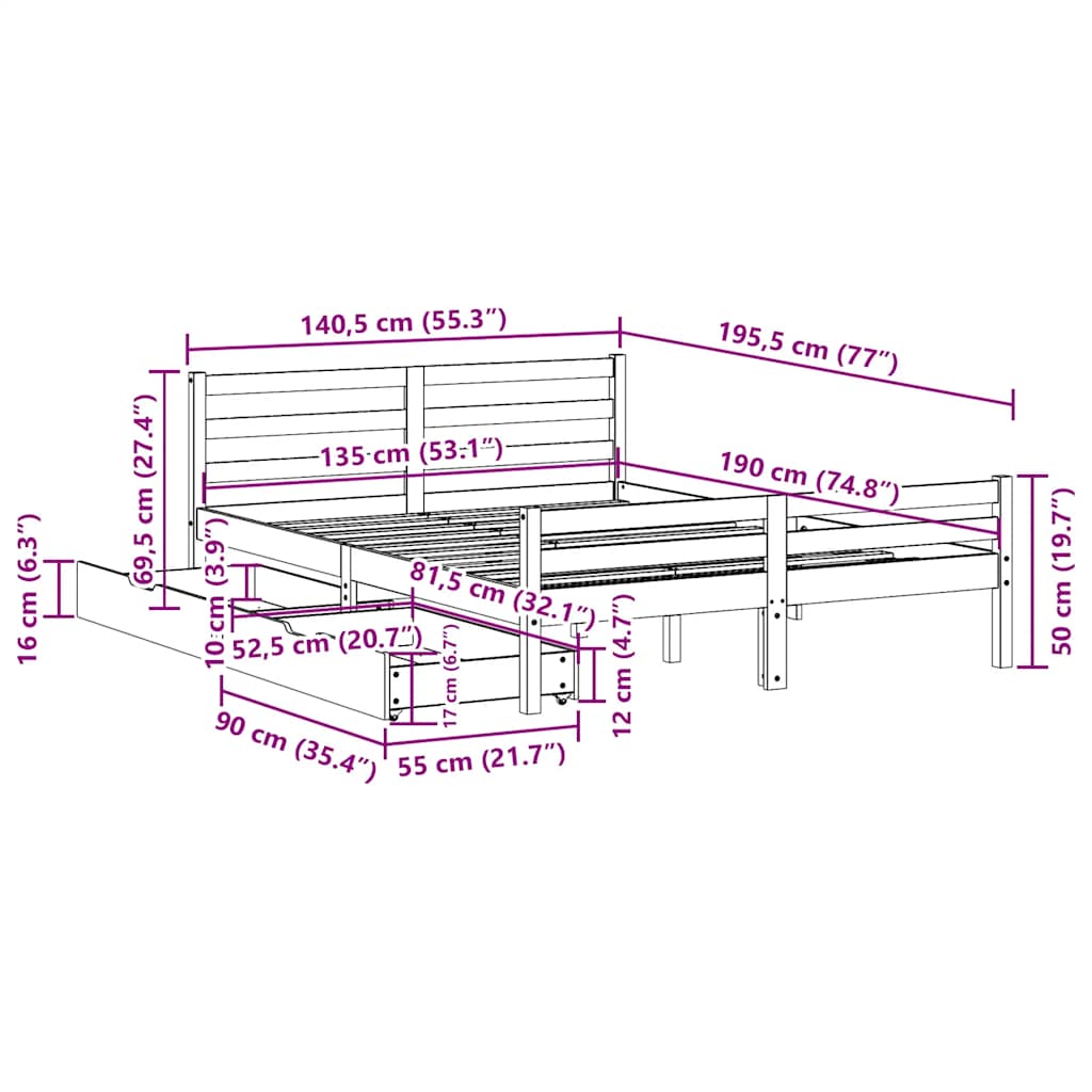 Bed Frame without Mattress 135x190 cm Double Solid Wood Pine