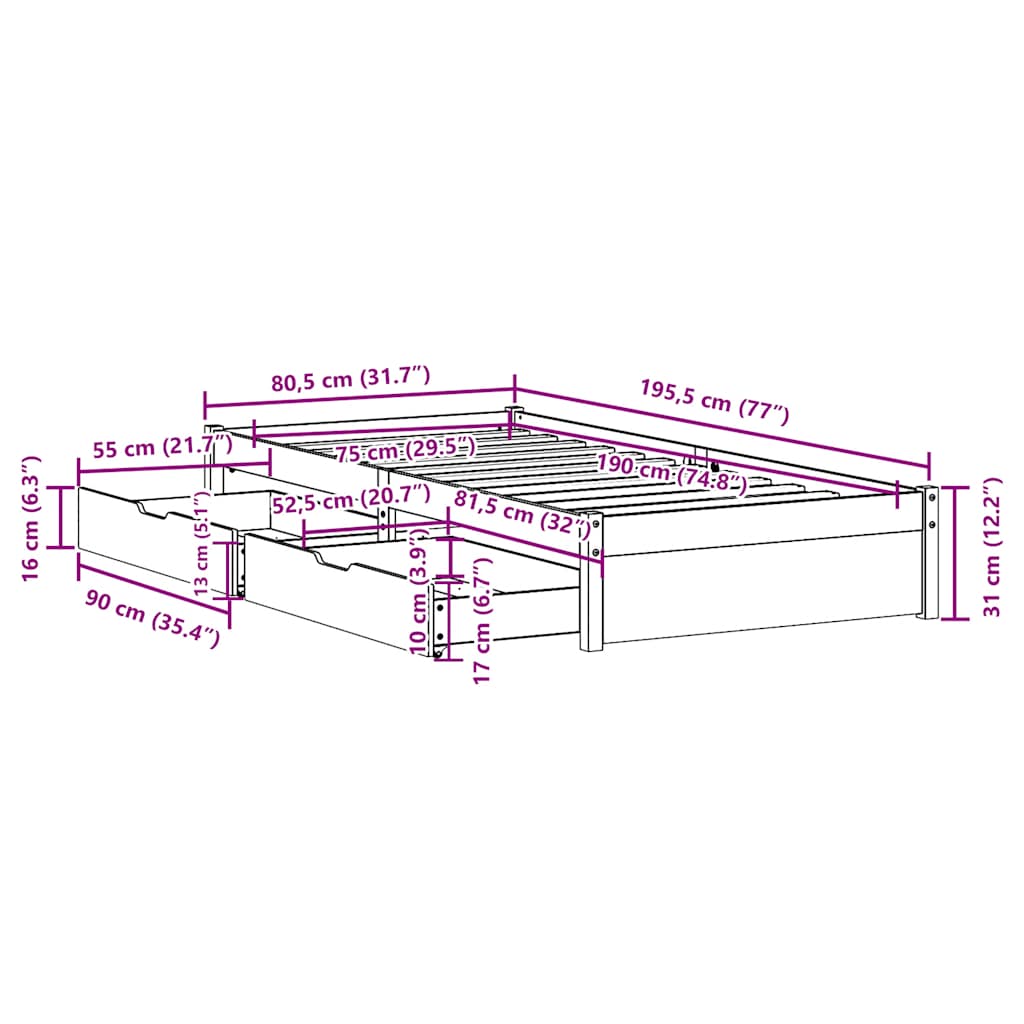 Bed Frame without Mattress White 75x190 cm Solid Wood Pine