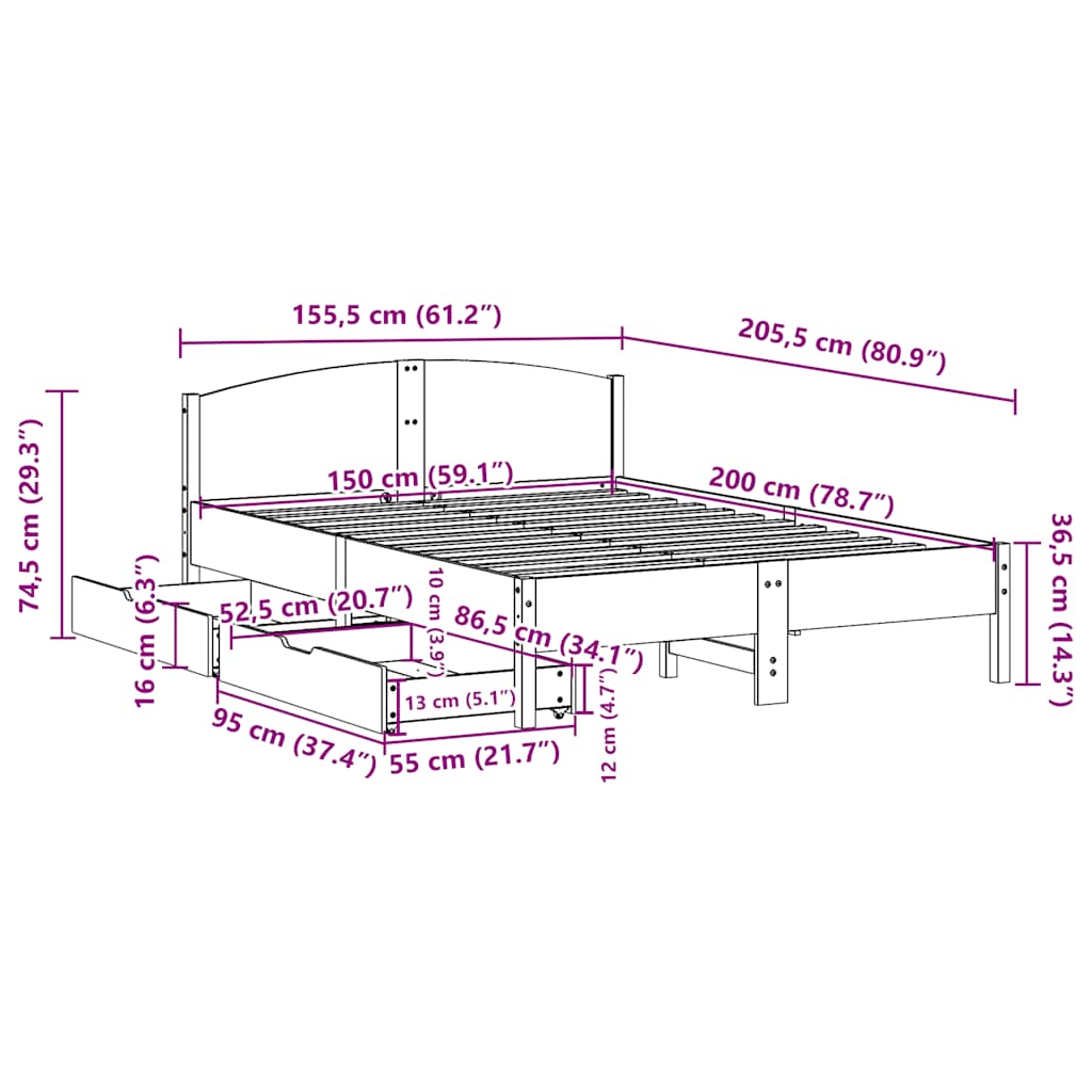Bed Frame without Mattress White 150x200 cm Solid Wood Pine