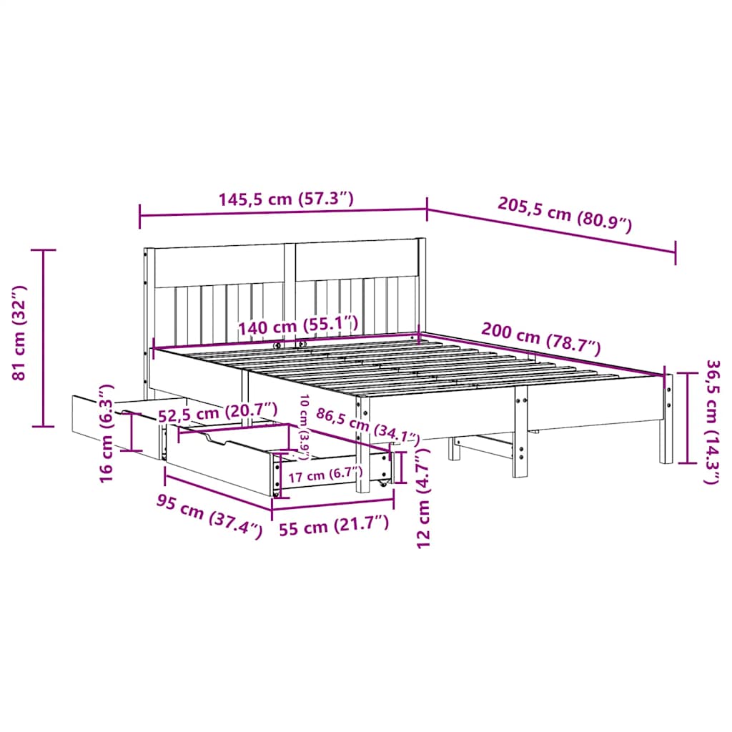 Bed Frame without Mattress Wax Brown 140x200 cm Solid Wood Pine