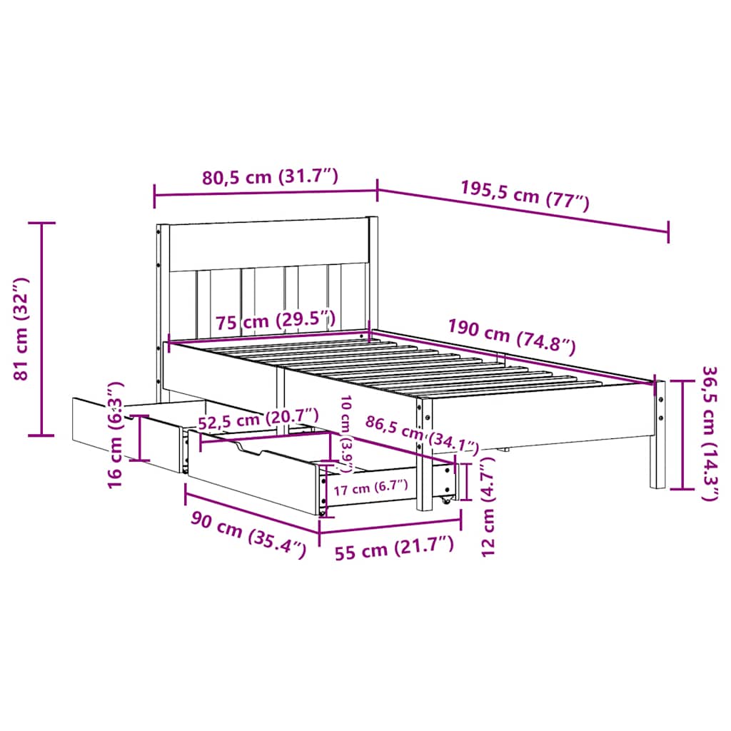 Bed Frame without Mattress White 75x190 cm Solid Wood Pine