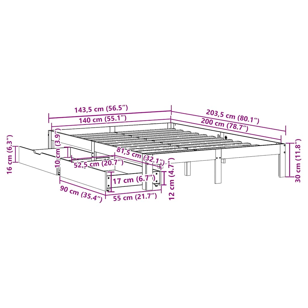 Bed Frame with Drawers without Mattress White 140x200 cm