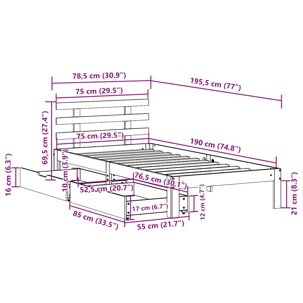 Bed Frame with Drawers without Mattress 75x190 cm Small Single