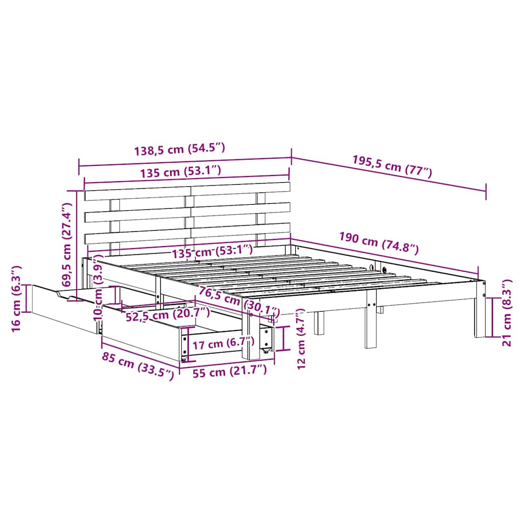 Bed Frame with Drawers without Mattress White 135x190 cm