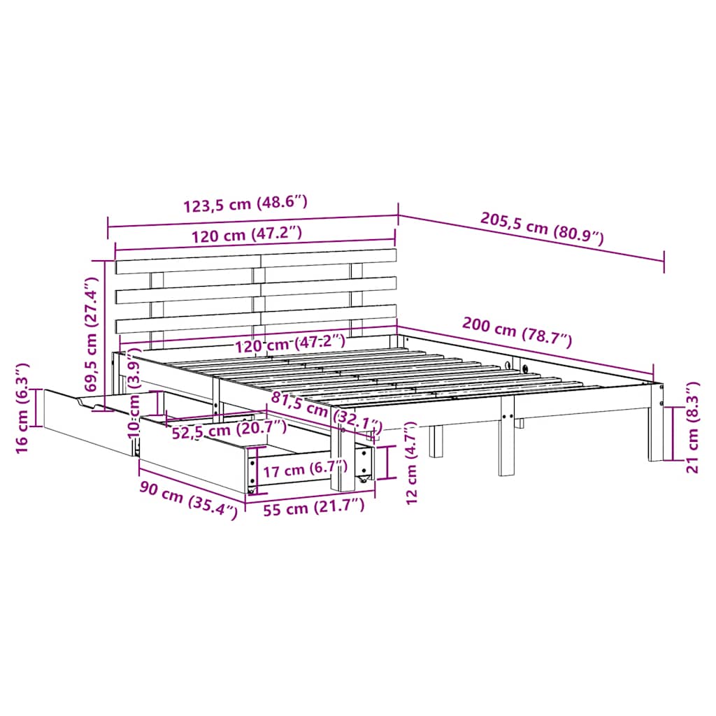 Bed Frame with Drawers without Mattress 120x200 cm