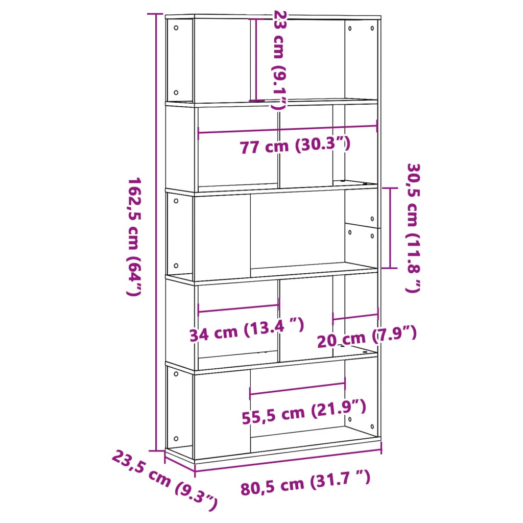 Bookcase 5-Tier Black 80,5x23,5x162,5 cm Engineered Wood