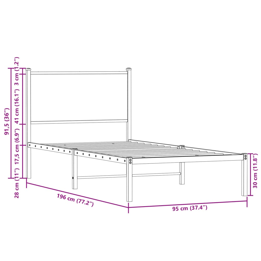 Metal Bed Frame without Mattress Smoked Oak 90x190 cm