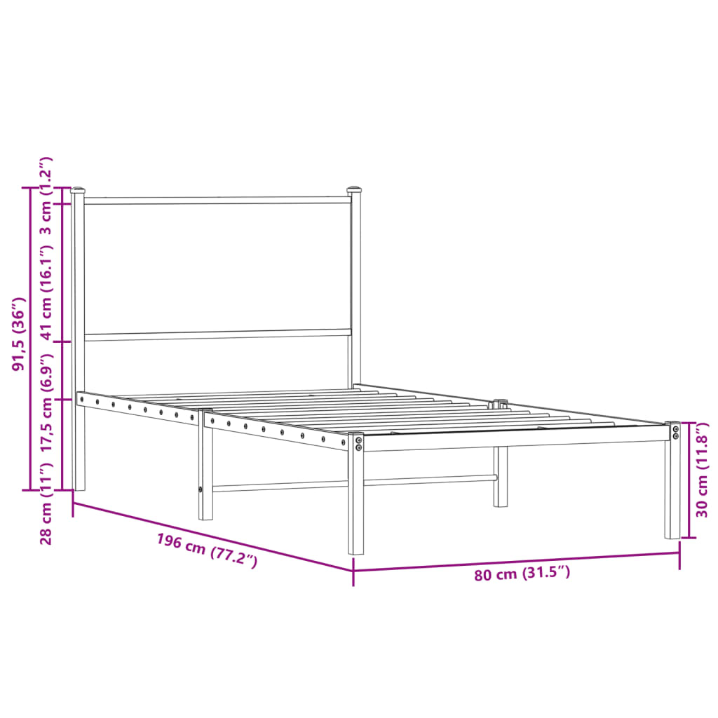 Metal Bed Frame without Mattress Sonoma Oak 75x190 cm