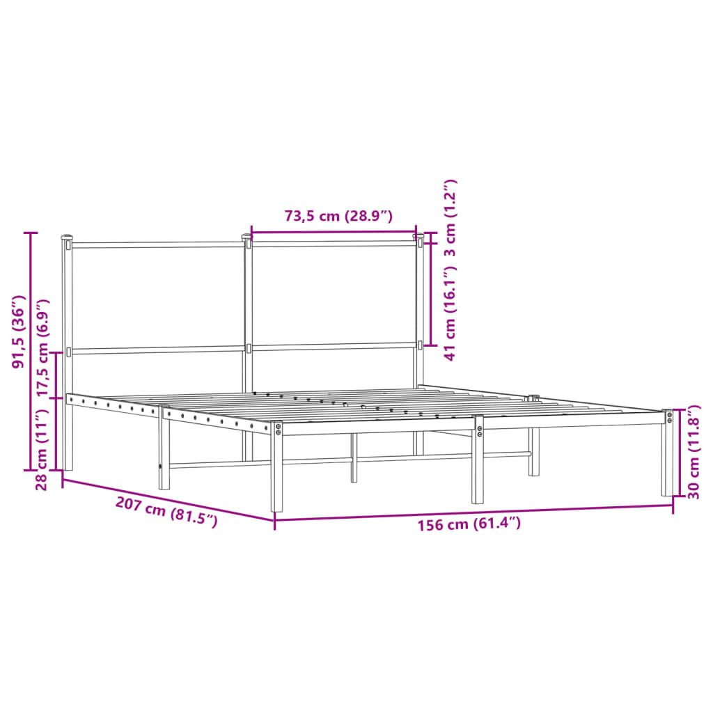Metal Bed Frame without Mattress Sonoma Oak 150x200 cm