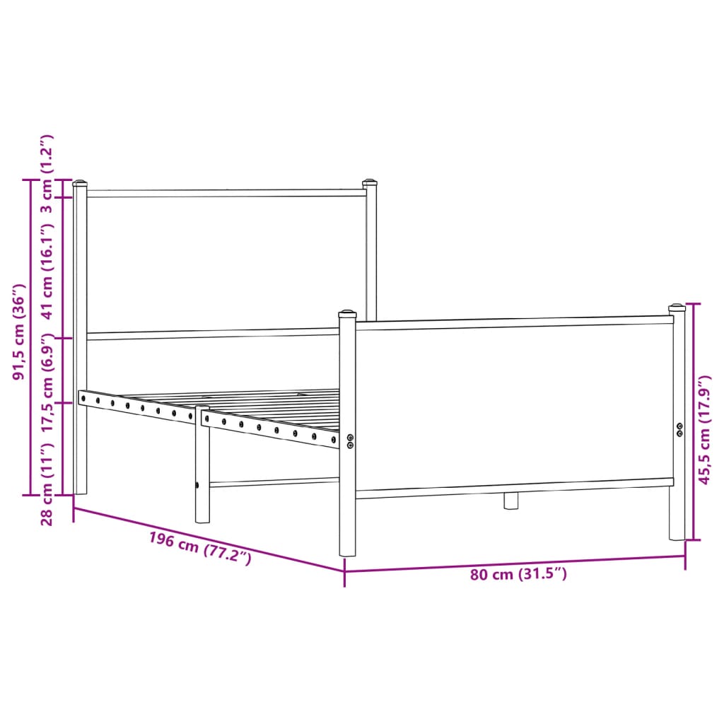 Metal Bed Frame without Mattress Sonoma Oak 75x190 cm