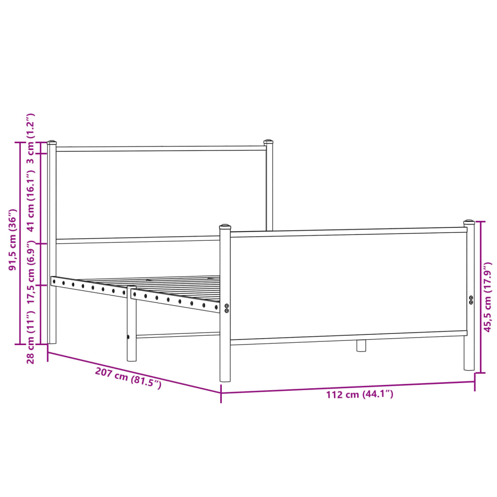 Metal Bed Frame without Mattress Sonoma Oak 107x203 cm