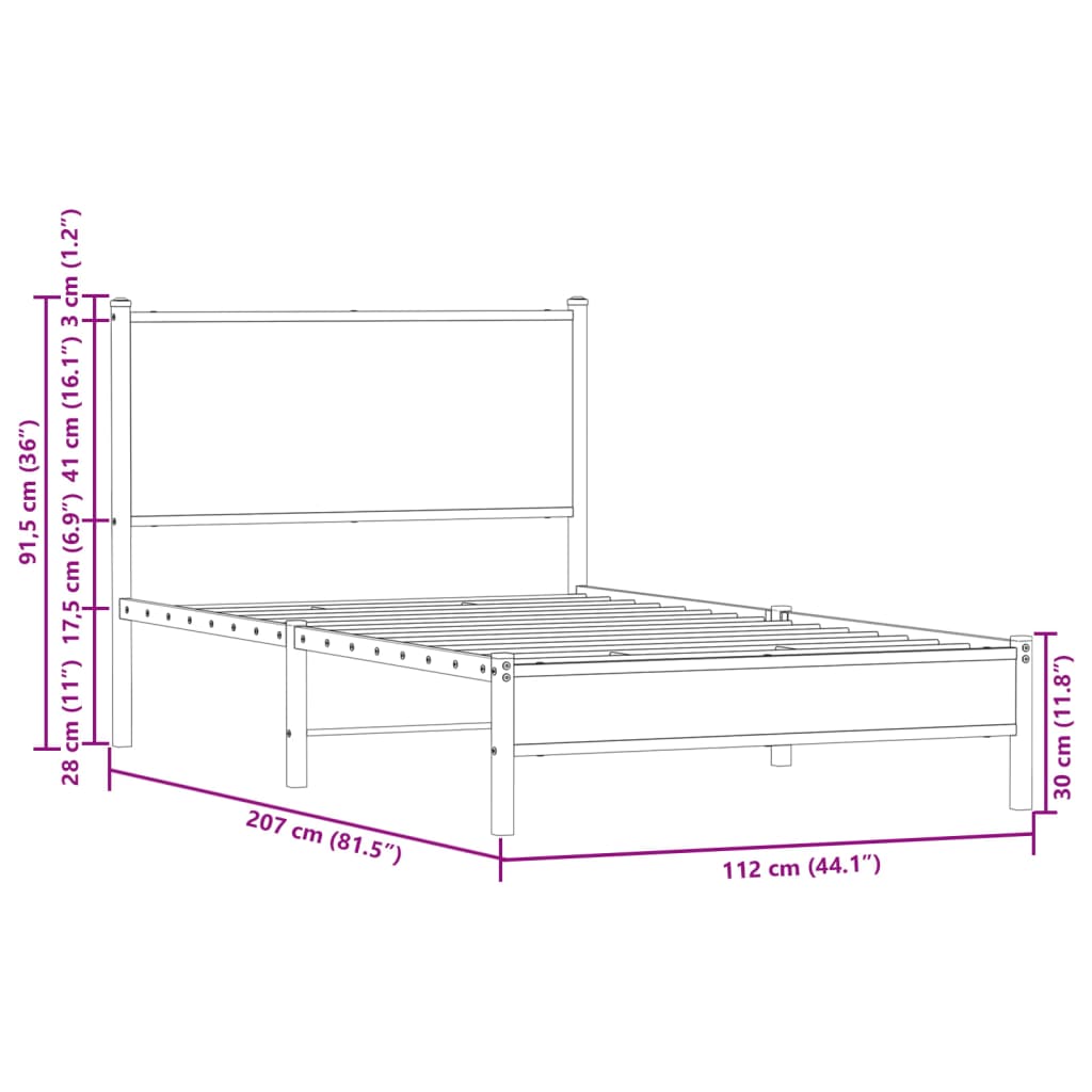 Metal Bed Frame without Mattress Smoked Oak 107x203 cm