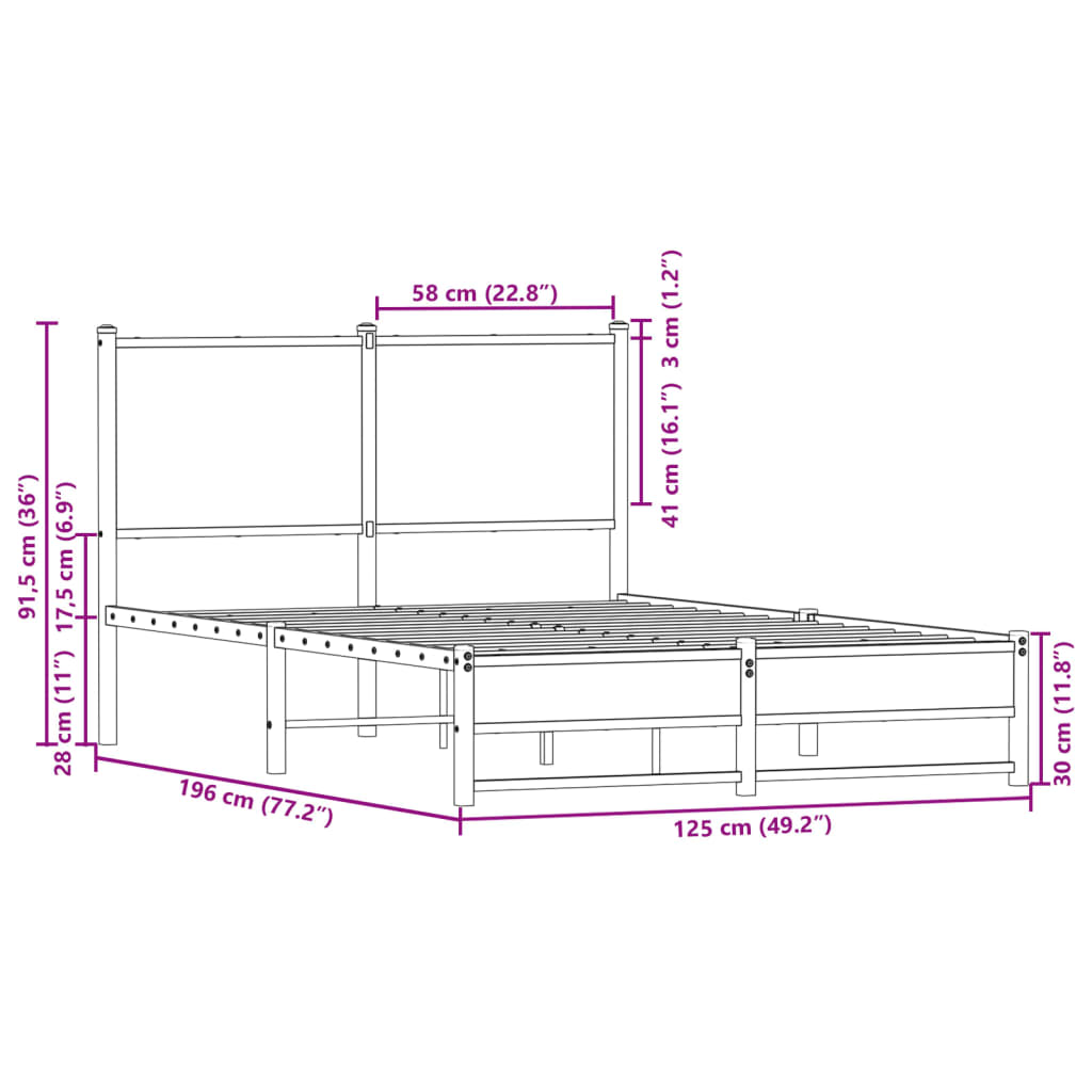 Metal Bed Frame without Mattress Smoked Oak 120x190 cm Small Double
