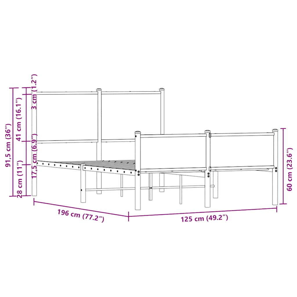 Metal Bed Frame without Mattress Smoked Oak 120x190 cm