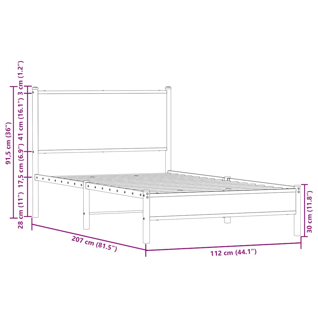 Metal Bed Frame without Mattress Sonoma Oak 107x203 cm