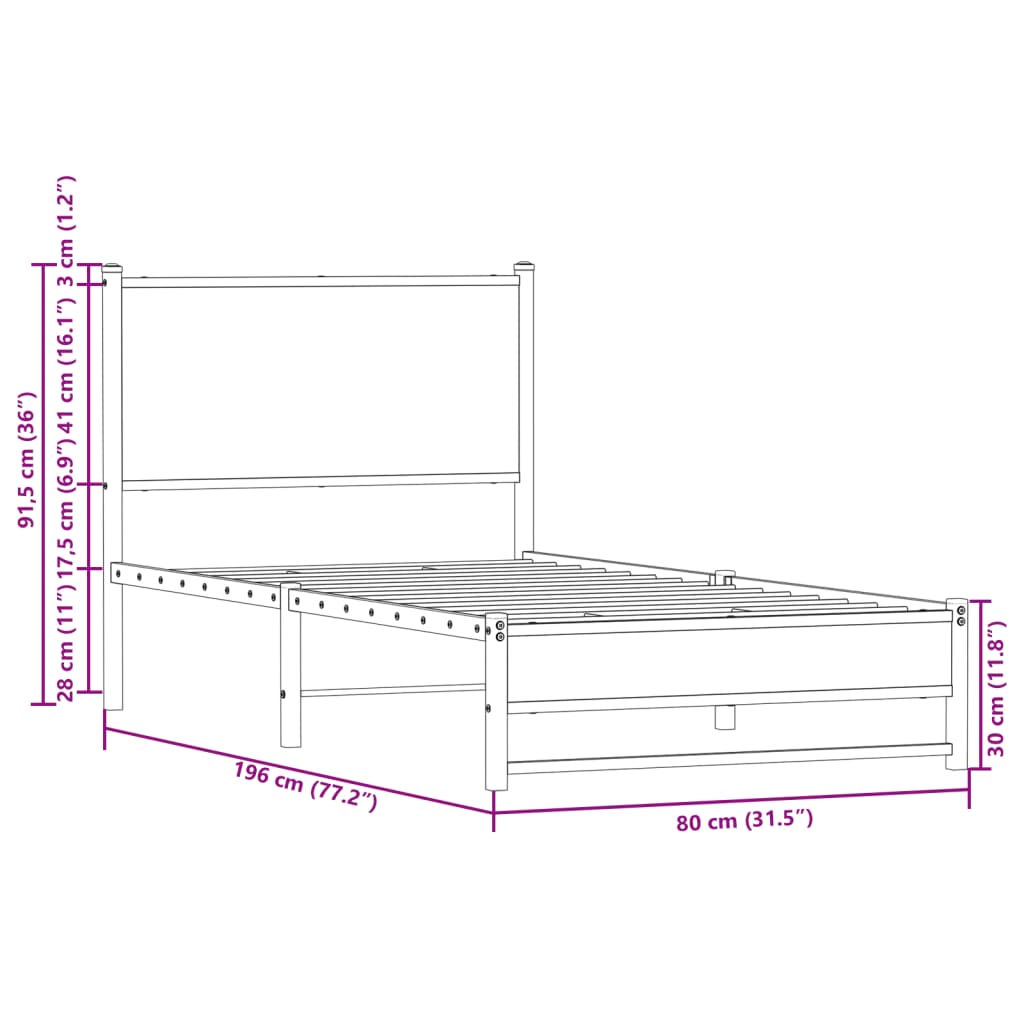 Metal Bed Frame without Mattress Sonoma Oak 75x190 cm