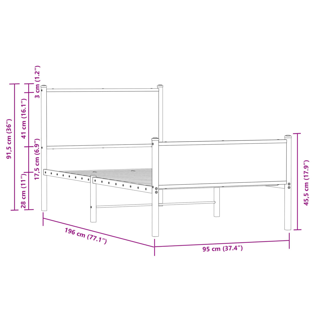 Metal Bed Frame without Mattress Sonoma Oak 90x190 cm