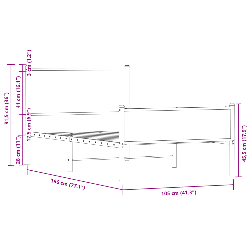 Metal Bed Frame without Mattress Sonoma Oak 100x190 cm