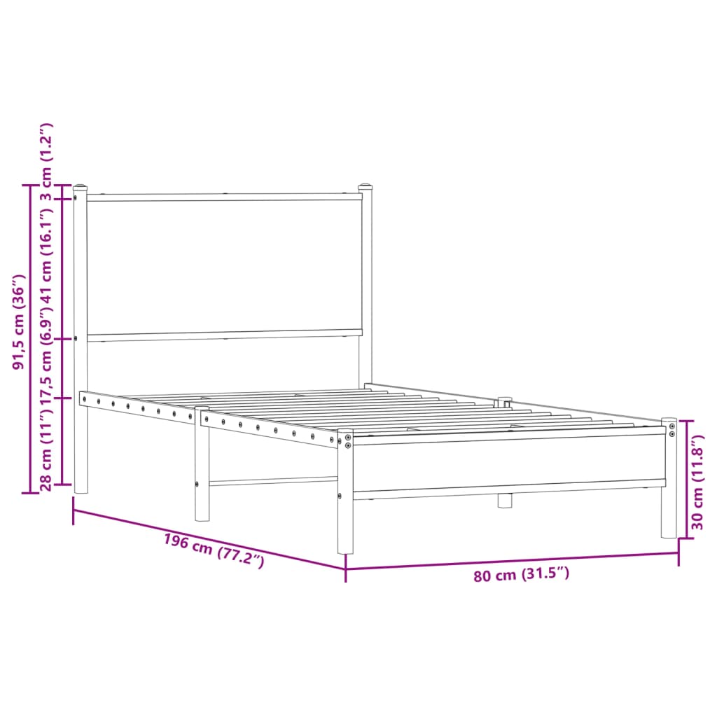 Metal Bed Frame without Mattress Brown Oak 75x190 cm