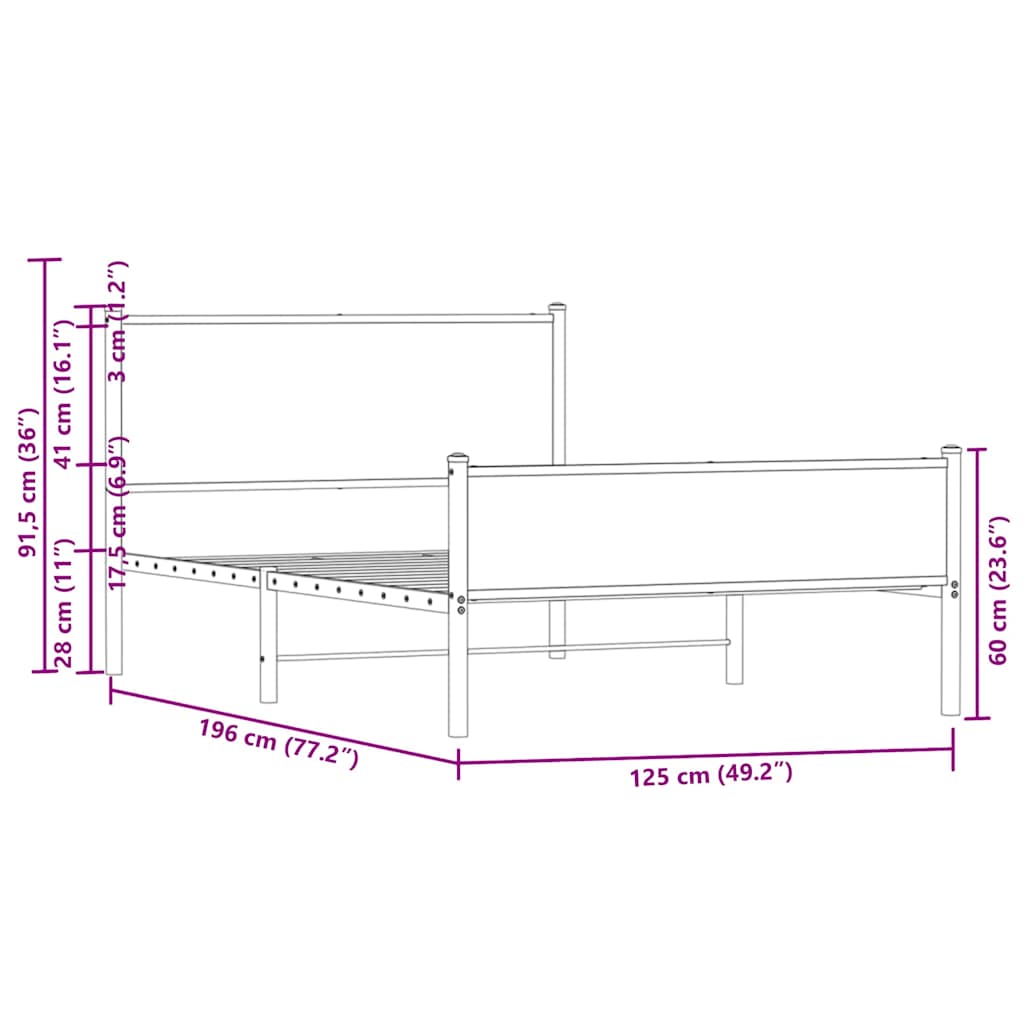 Metal Bed Frame without Mattress Brown Oak 120x190 cm