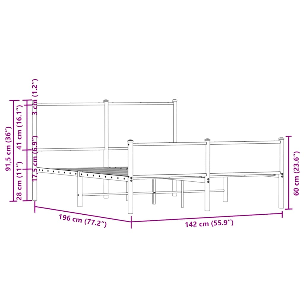 Metal Bed Frame without Mattress Brown Oak 137x190 cm
