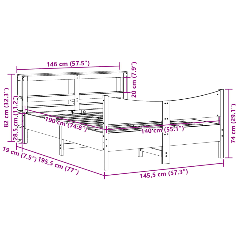 Bed Frame with Headboard White 140x190 cm Solid Wood Pine