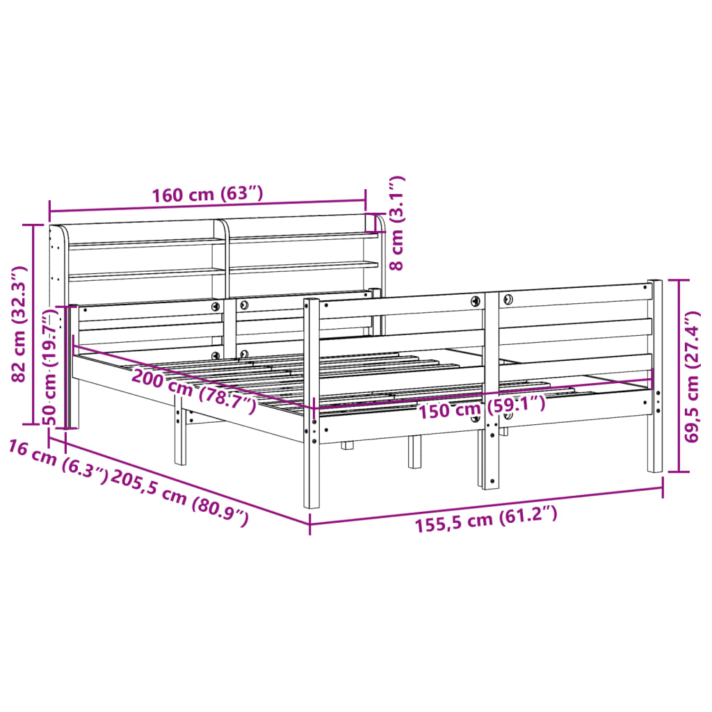 Bed Frame with Headboard without Mattress White 150x200 cm