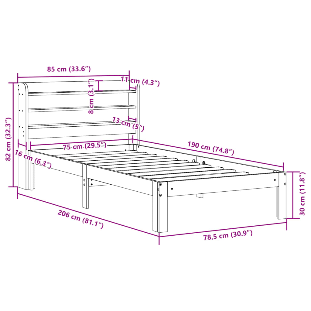 Bed Frame with Headboard without Mattress White 75x190 cm
