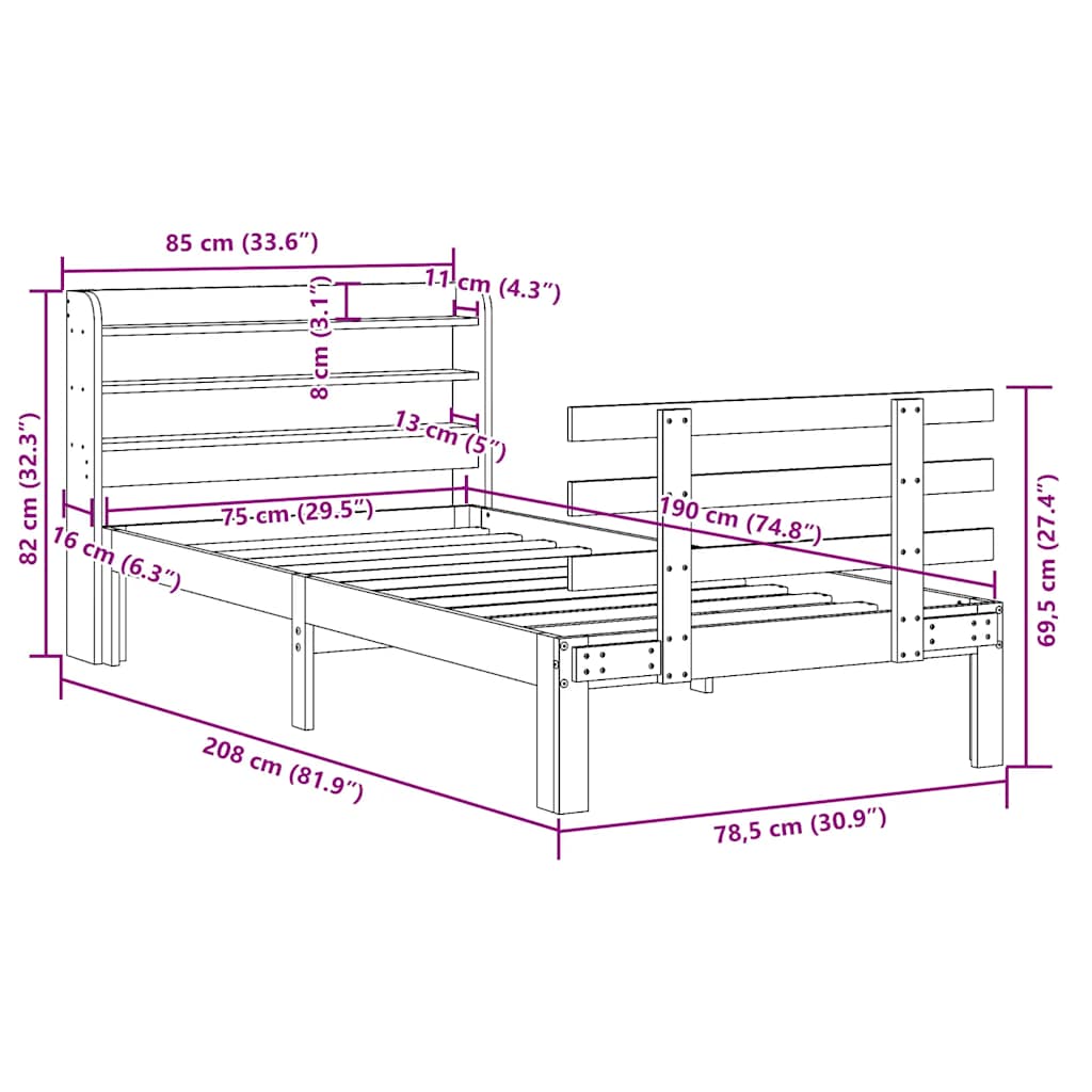 Bed Frame with Headboard without Mattress White 75x190 cm