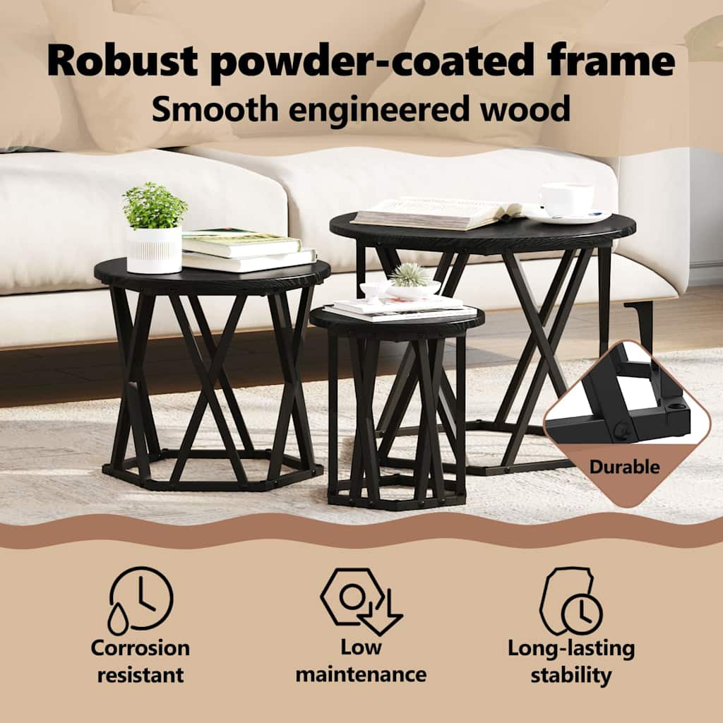 Nesting Side Table 3 pcs Black Oak Engineered Wood and Steel