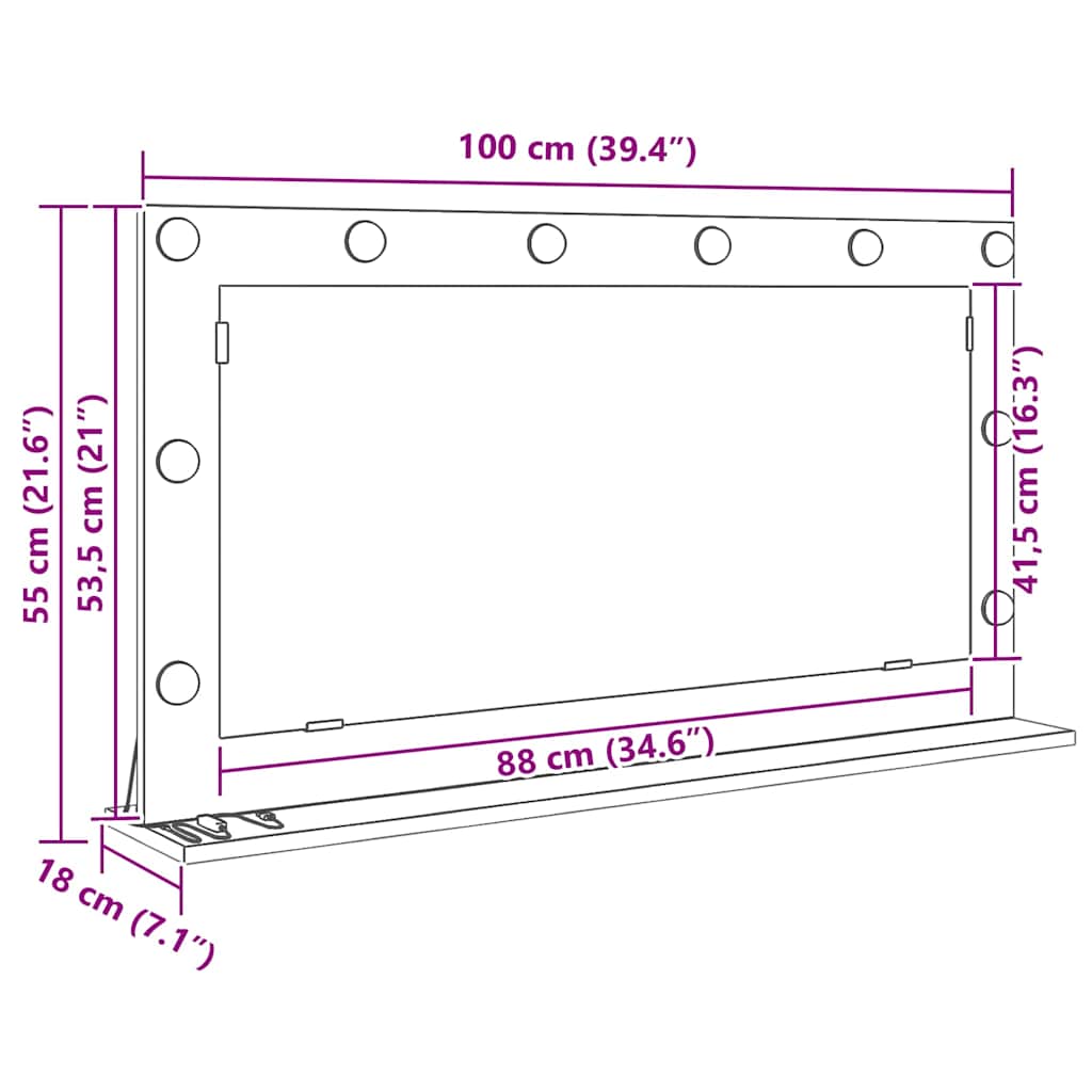 Vanity Mirror Rectangular Black Oak 100 x 55 x 18 cm
