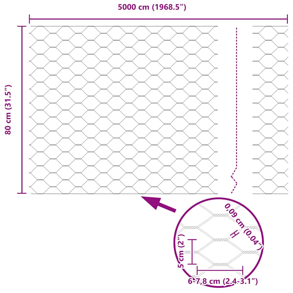 Hexagonal Fence with Post 50 x 0.8 m PVC-Coated Steel Grey Mesh