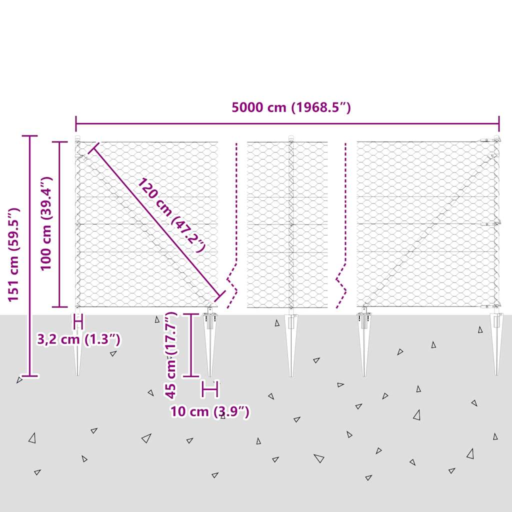 Hexagonal Fence with Post 50 x 1 m PVC-Coated Steel Grey Mesh