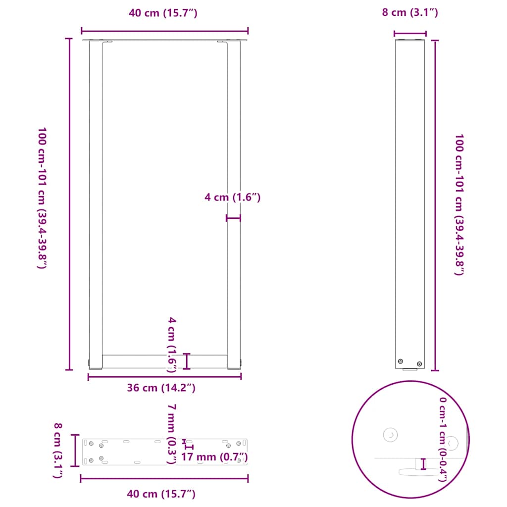 Bar Table Legs U-Shaped 2 pcs Black 40x(100-101) cm Steel