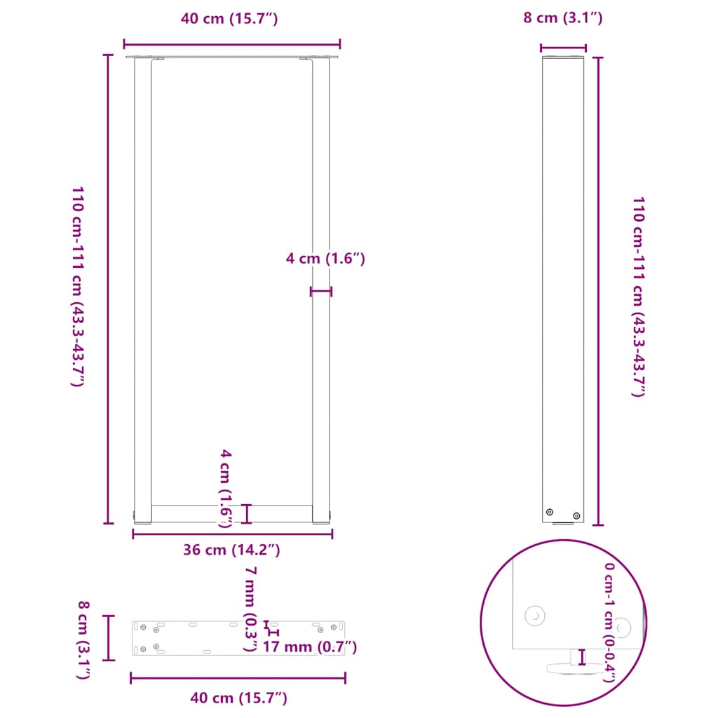 Bar Table Legs U-Shaped 2 pcs Black 40x(110-111) cm Steel