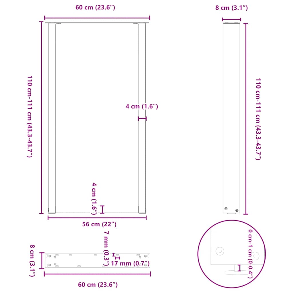 Bar Table Legs U-Shaped 2 pcs Natural Steel 60x(110-111) cm Steel
