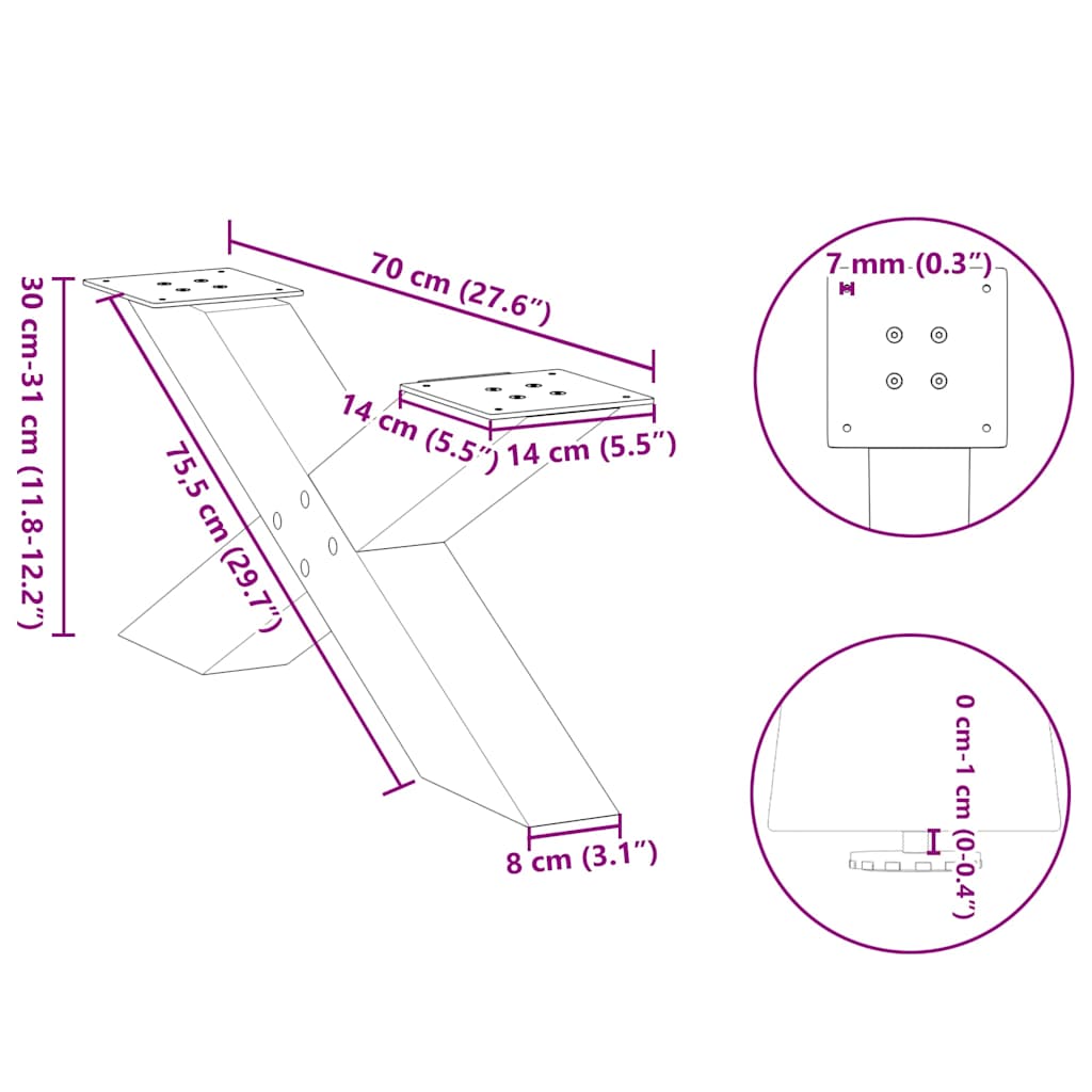 Coffee Table Legs X-Shaped 2 pcs Natural Steel 70x(30-31) cm Steel