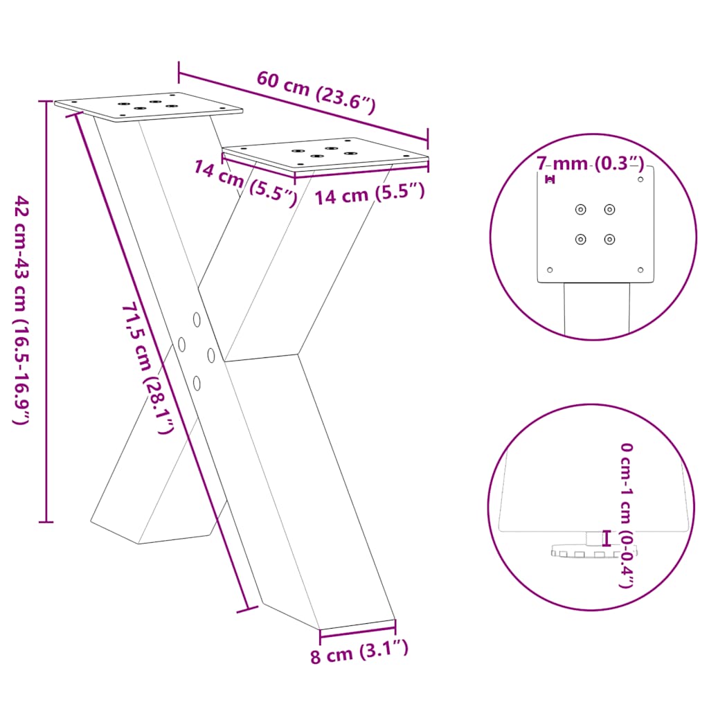Coffee Table Legs X-Shaped 2 pcs Natural Steel 60x(42-43) cm Steel
